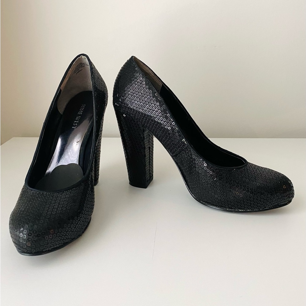 Nine West Womens Black Sequin Devika High Heels Block Heels Size US 6.5
